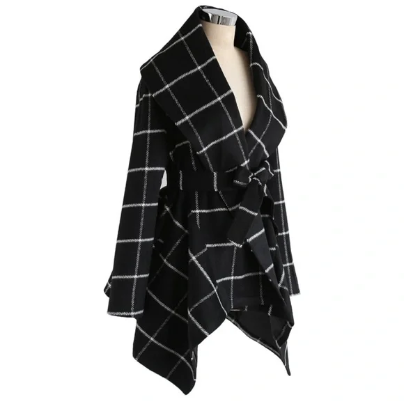 Chicwish Shawl Collar Black w/ White Grid Asymmetric Hem Wool Blend Coat Small - Picture 10 of 11